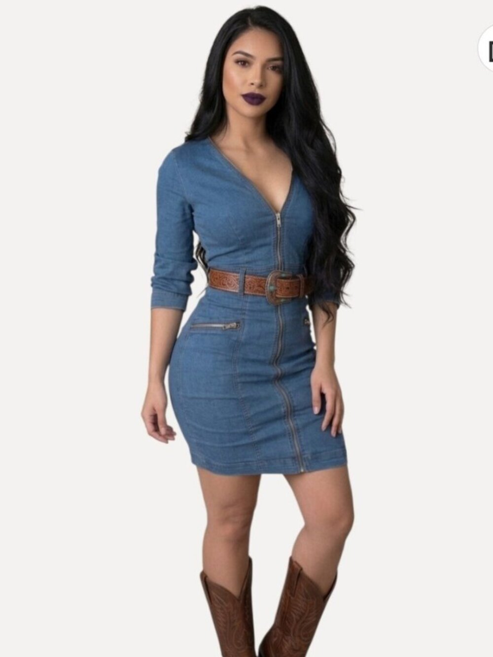 Zip Front Denim Stretch Bodycon Dress